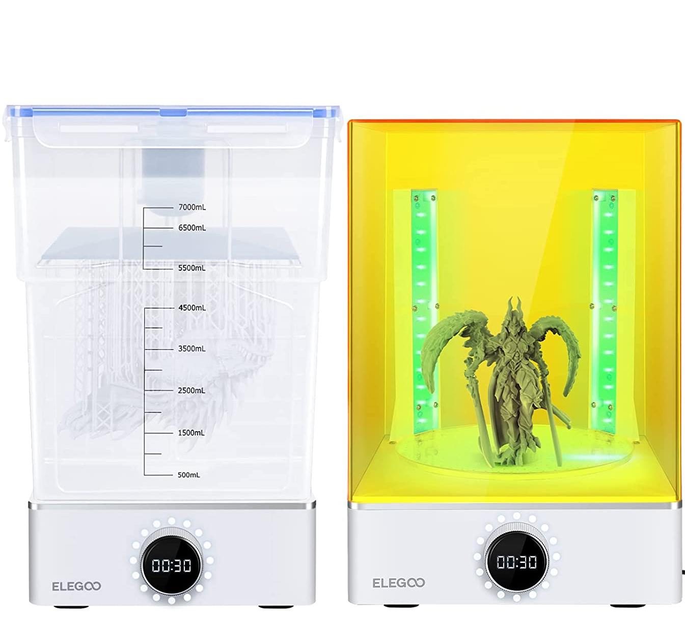 Station de lavage à gauche, de polymérisation UV à droite