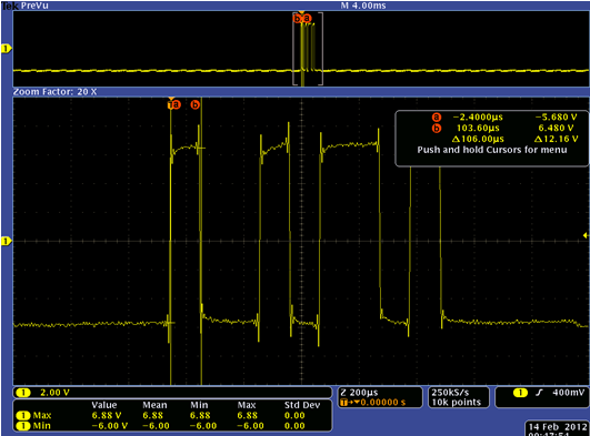 Copie d'écran d'oscilloscope montrant une trame série, les curseurs mesurant la durée d'un bit